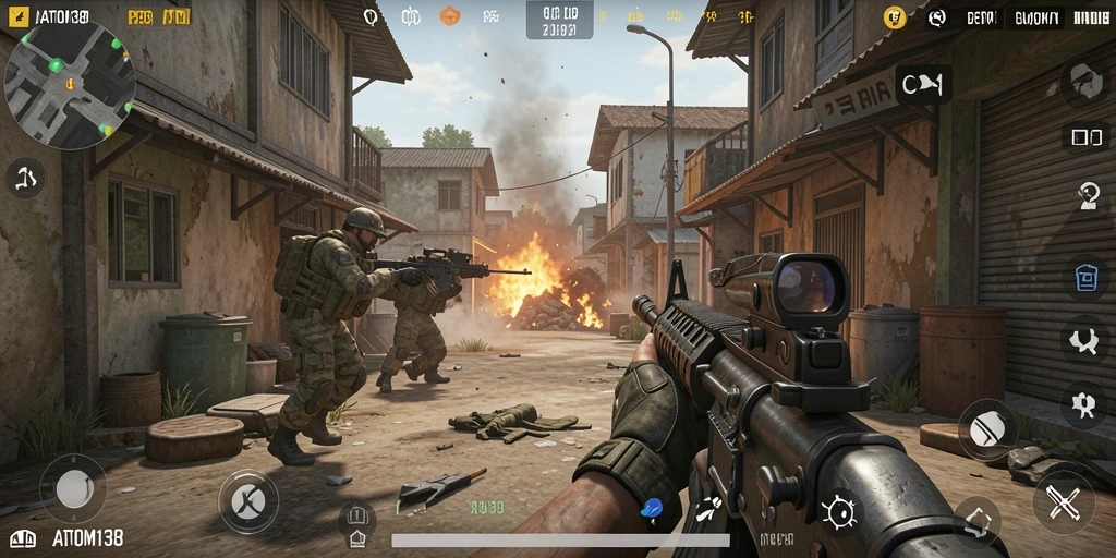 Screenshot gameplay ATOM138 menunjukkan pertempuran mendebarkan dan aksi cepat.