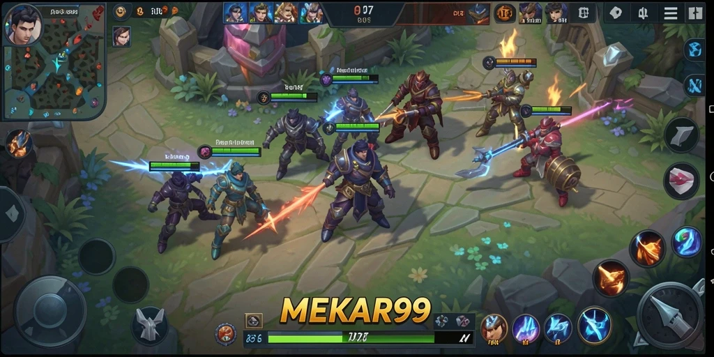 Tangkapan layar gameplay seru dalam pertarungan MOBA di MEKAR99.