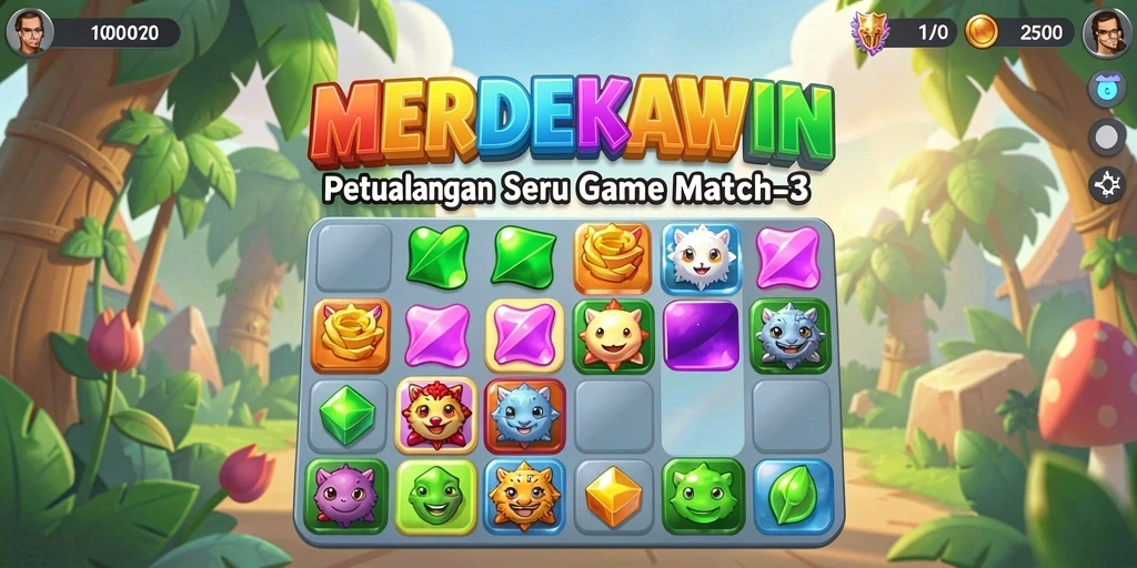 Tangkapan layar permainan <strong>MERDEKAWIN</strong> menunjukkan aksi Match-3 yang seru.