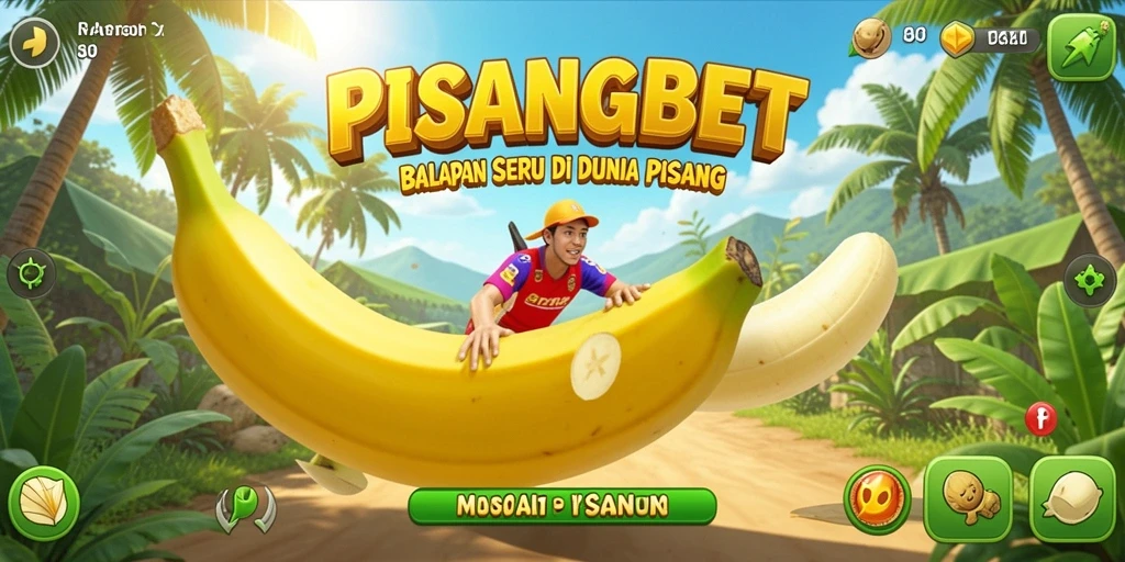 Tangkapan layar gameplay PISANGBET yang menampilkan lintasan balap cerah dan karakter pisang.