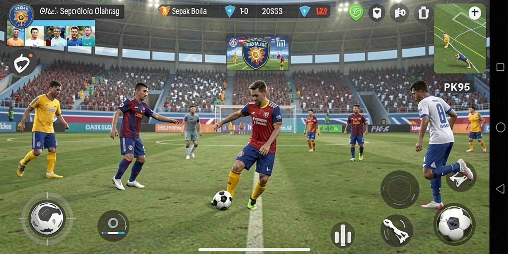 Tampilan gameplay PK95 yang seru dalam pertandingan sepak bola.