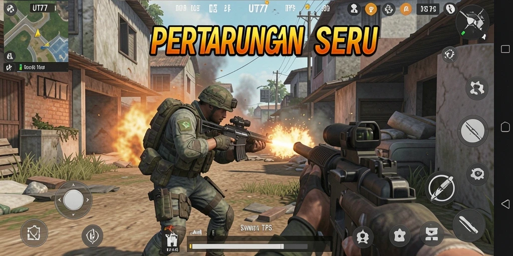Screenshot utama UT77 menampilkan aksi pertempuran yang mendebarkan dalam mode TPS.